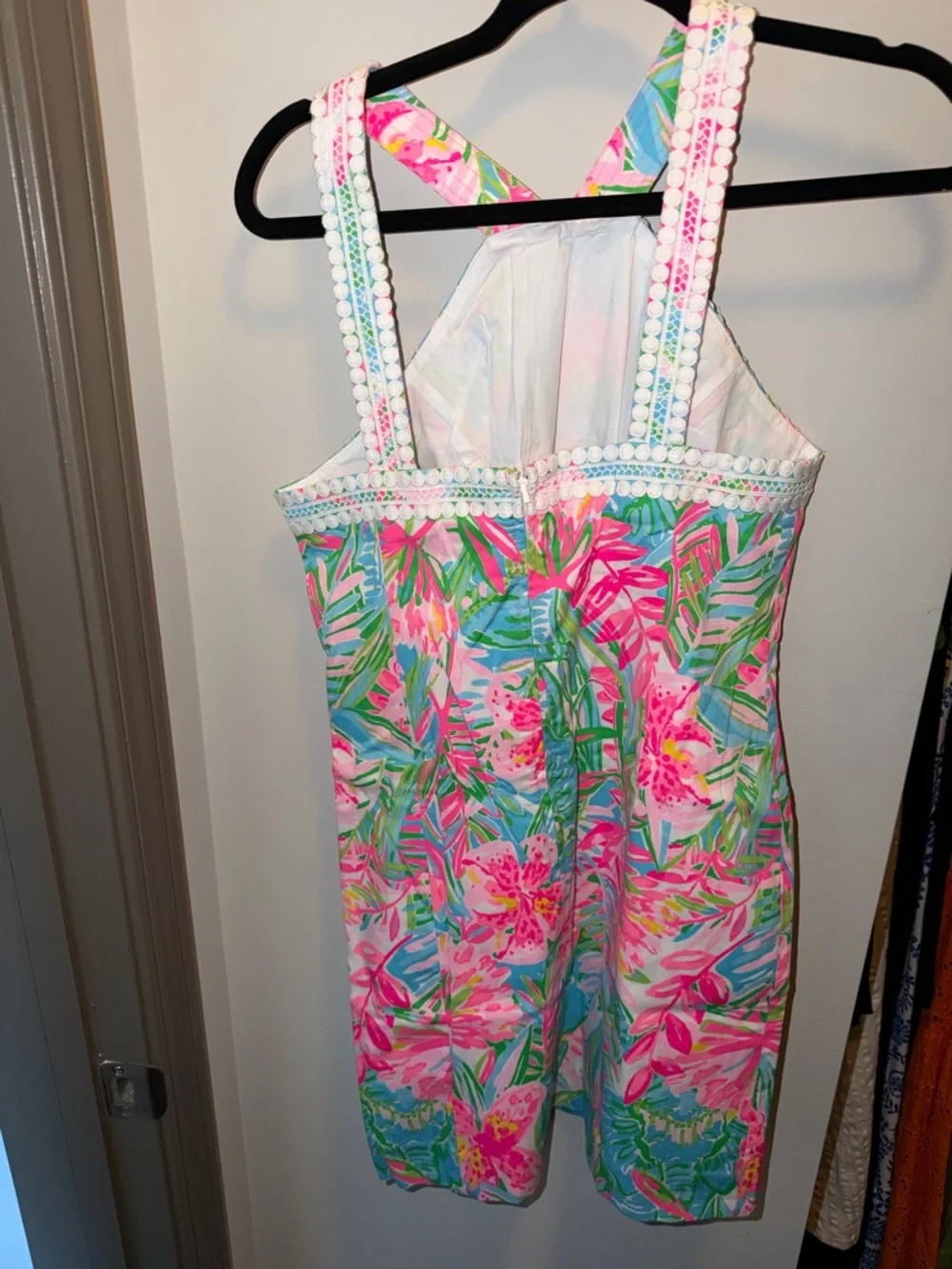 Lilly Pulitzer Pink & Teal Tropical Shift Dress with White Lace Trim - Picture 2 of 3